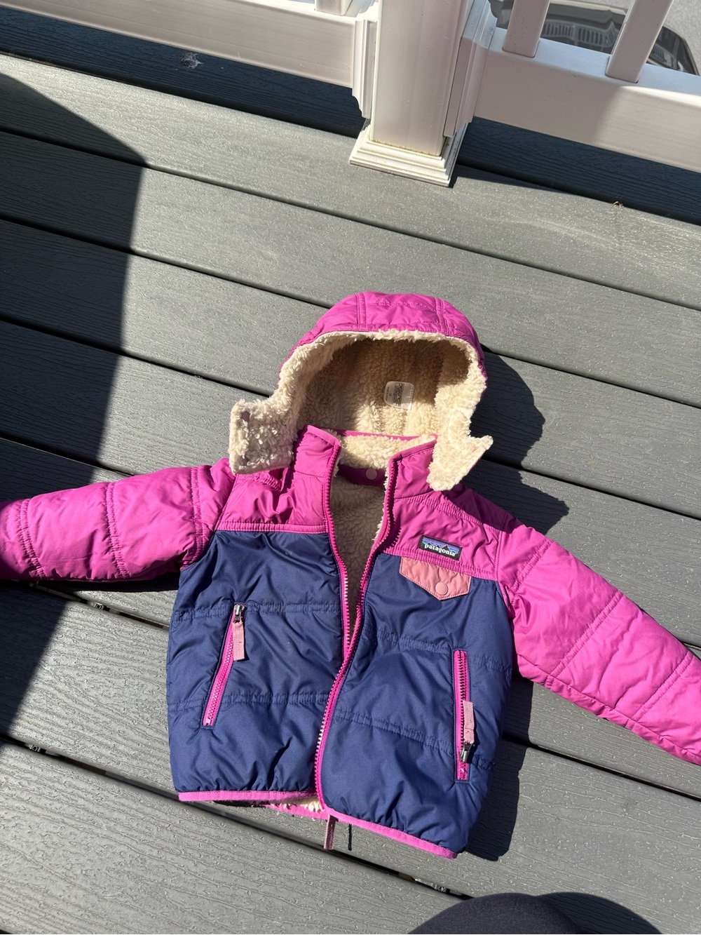 Patagonia Pink and Navy Sherpa-Lined Kids Hooded Jacket